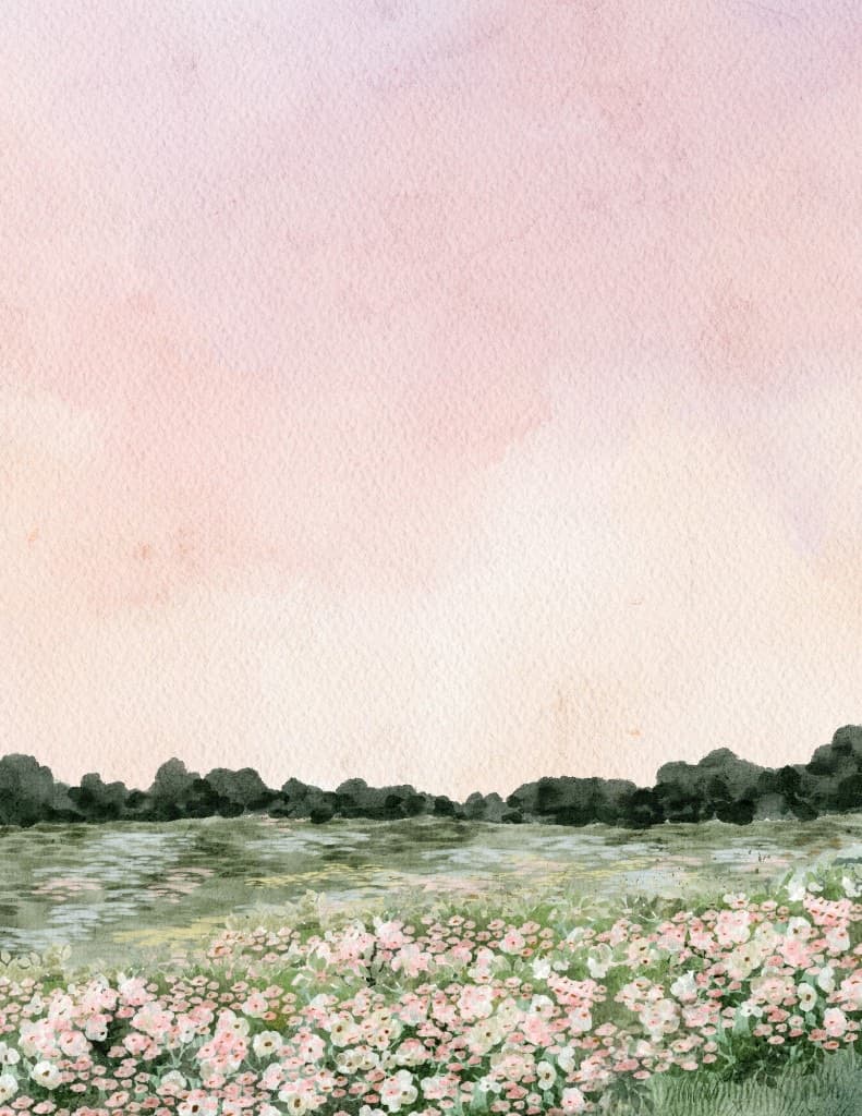 A watercolor painting of Fable's wildflower meadow at sunset beneath a soft blush-pink sky