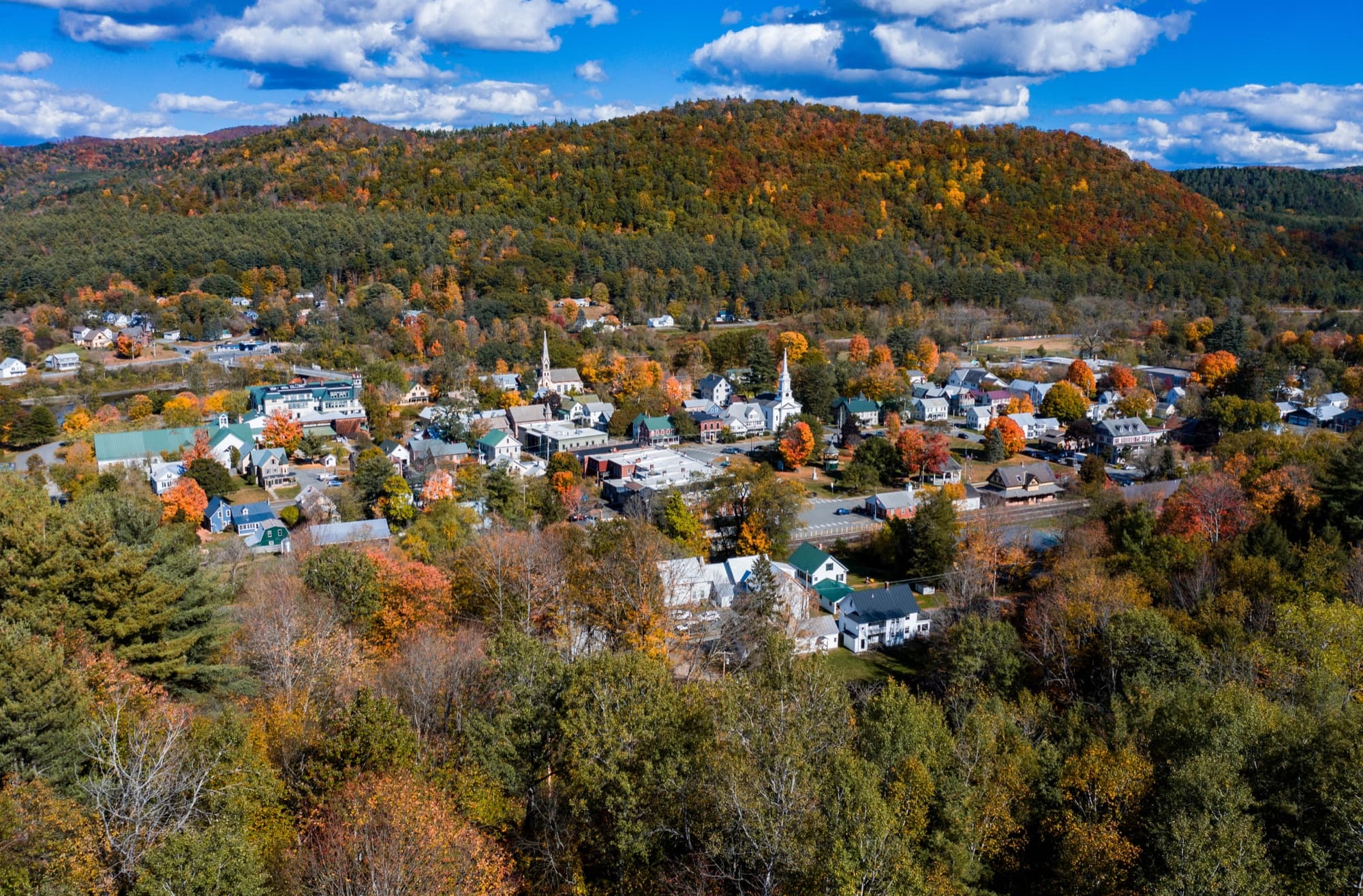 Stars Hollow comparison: South Royalton, Vermont, with its village buildings and wooded hills in autumn, photographed by Anthony Quintano.